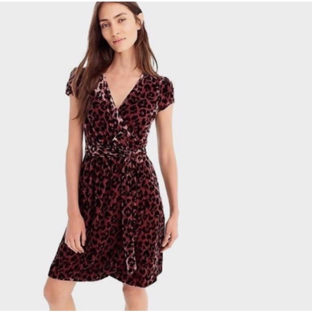 J. Crew Women's Velvet Surplice Cap Sleeve Tie Belt Waist Leopard Pink Dress 6